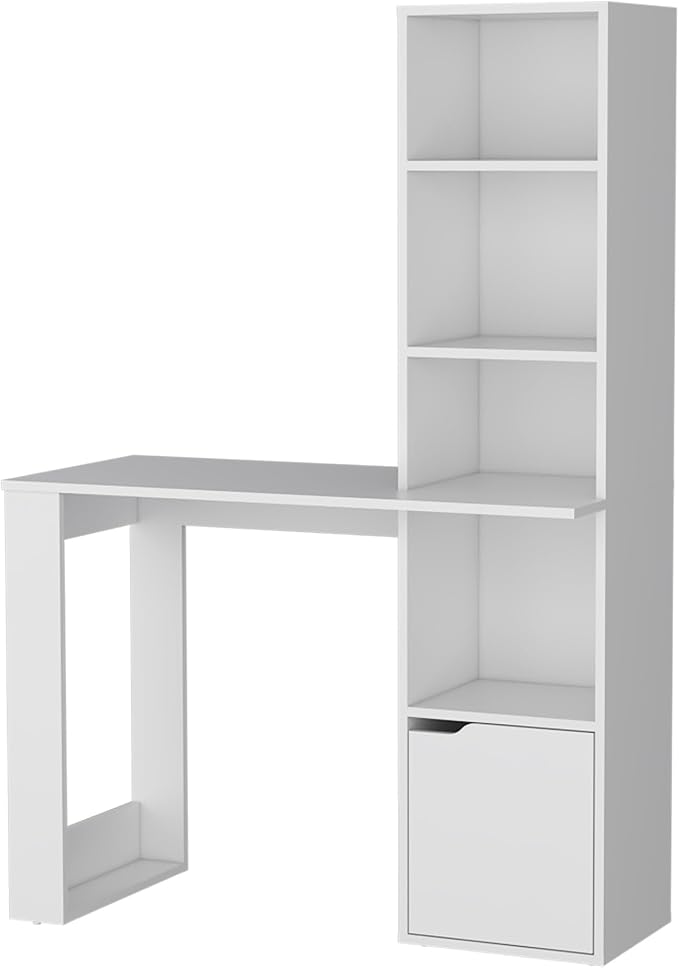 Penau Stylish White Office Desk with Integrated Bookcase Lower Cabinet for Storage Durable Particle Board Construction 58.27 Inches Height 38.78 Inches Width