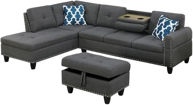 Devion Furniture Polyester Fabric Sectional Sofa with Lift-top Storage Ottoman Tufted Design in Gray Finish