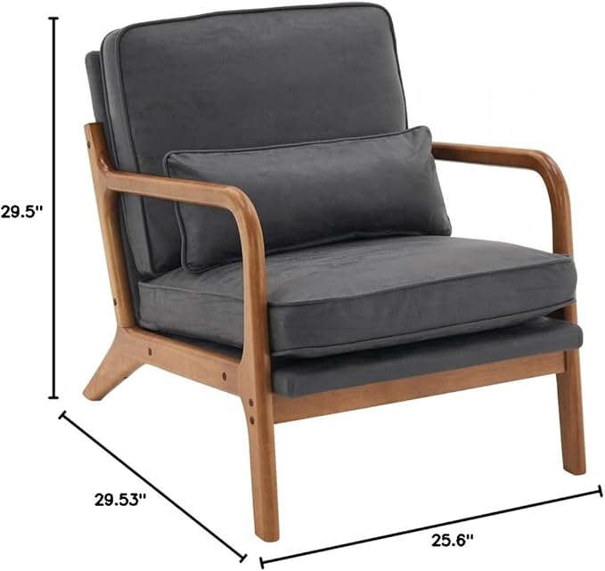 Accent Chair with Lumbar PillowUpholstered Armchair with Solid Wood FrameLinen Fabric Reading Chair with Oak ArmrestLounge Chair for Living Room Bedroom Apartment