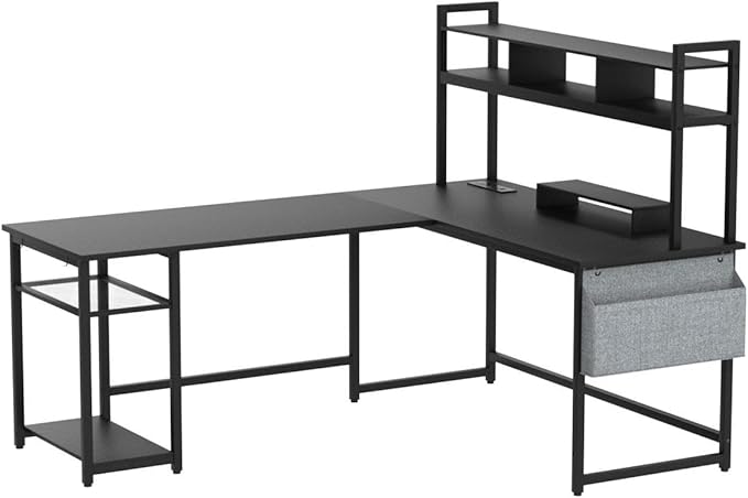 Aheaplus L Shaped Desk with Power Outlet &amp LED Strip Reversible L-Shaped Corner Computer Desks Gaming Desk with Storage Shelf &amp Monitor Stand Modern 2 Person Home Office Desk Writing Desk