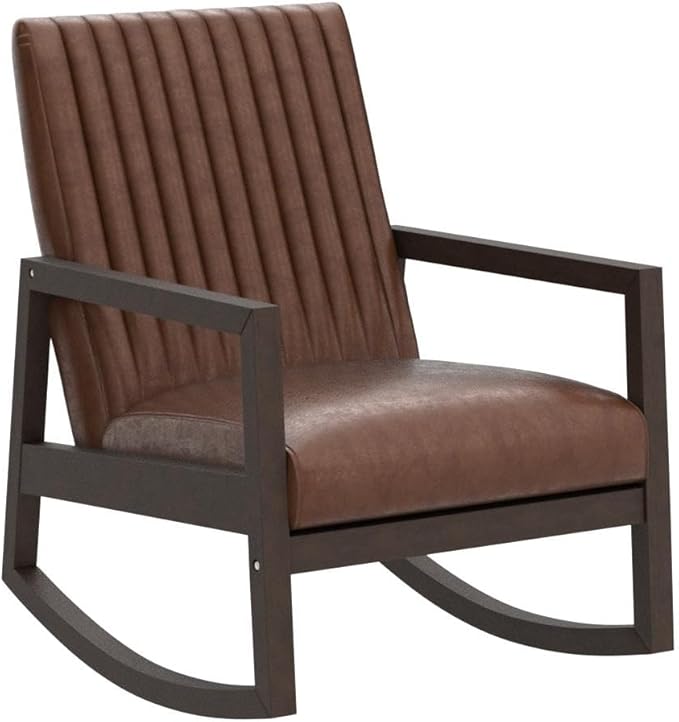 CIMOTA Leather Modern Rocking Chair Mid Century Armchair Upholstered Arm Chair with Padded Seat/Wood Frame Comfy Rocker for Living Room/Bedroom Retro Dark Brown PU