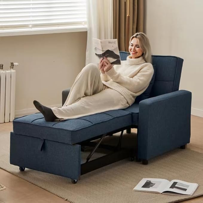 Sofa Bed Chair Convertible Sleeper Sofa with Pull-Out Bed 3-in-1 Futon Couch with Reclining Backrest and Side Pocket (Blue 35.6‘)