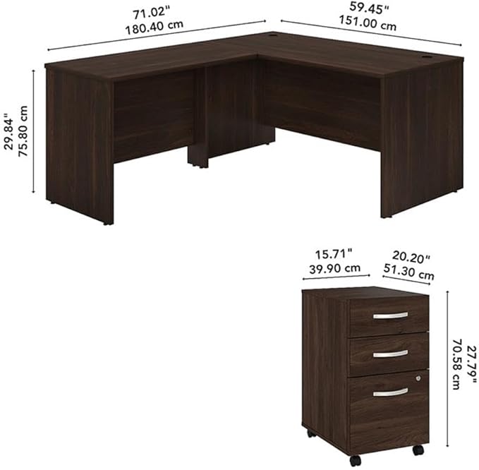 Bush Business Furniture 60W x 30D L Shaped Desk with Mobile File Cabinet Corner Table and Drawers for Home or Professional Office Studio C Collection Black Walnut
