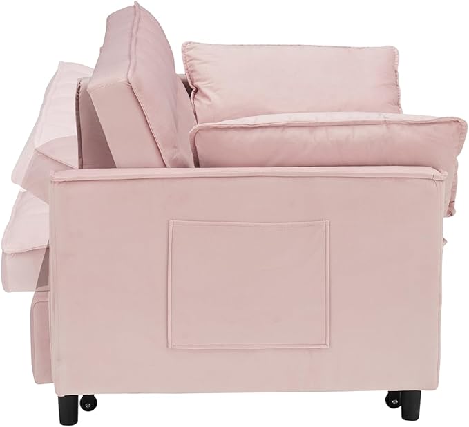 3 in 1 Convertible Sleeper Sofa Bed 55 Pull Out Couches Modern Loveseat Sleeper Sofa with Adjustable Reclining Backrest &amp Side Pockets for Living Room Velvet Fabric Pink