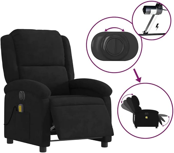 vidaXL Electric Massage Recliner Chair - Wingback Black Velvet Armchair with Vibration Function &amp Motorized Recline for Living Room/Bedroom