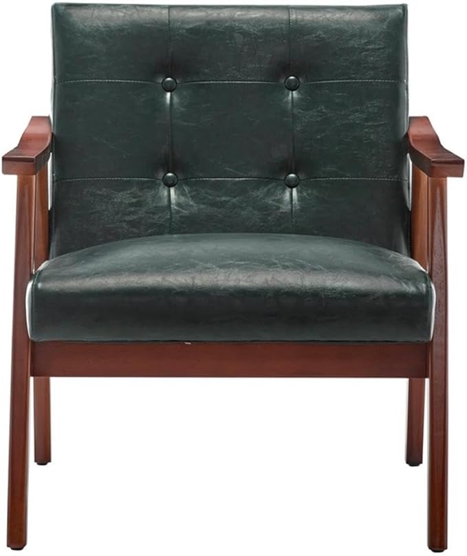 Pemberly Row Accent Chair 28.5 x 27.5 x 31 in Green Faux Leather Upholstery Solid Rubberwood Espresso Frame Button-Tufted Mid-Century Modern Seating for Living Room or Home Office