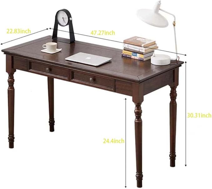 Solid Wood Computer Writing Desk with Drawers 47” Home Office Desks with Round Table Legs for Home Den Room or Workspace (Walnut)
