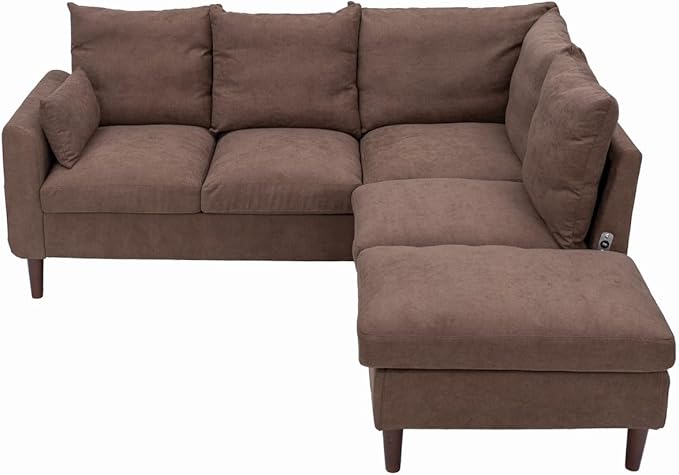 Panana 5 Seater Corner Sofa L Shaped Couch Upholstered Sectional Setee wth Built-in USB Charging Port Chaise (Brown Linen 5 Seater Corner Sofa with Built-in USB Port Chaise)