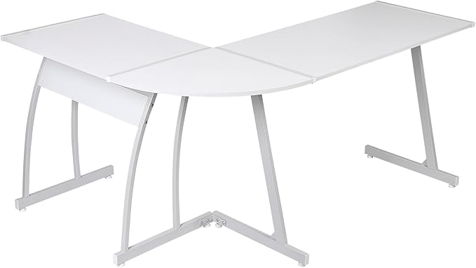 ZenStyle 55 L-Shaped Corner Computer Desk - Sturdy Steel Frame &amp Waterproof Surface White Wood Grain Design for Home Office Gaming &amp Multipurpose Workstation