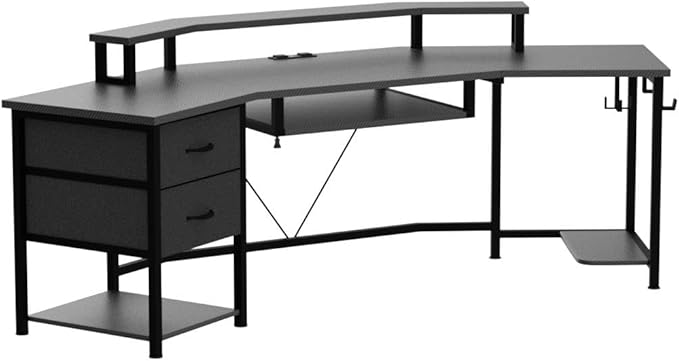 SEDETA 79 Gaming Desk Computer Desk with 2 Fabric Drawers &amp LED Light L Shaped Gaming Desk with Storage Shelf for Home Office Carbon Fiber Black