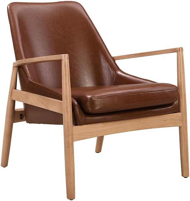 PU Leather Accent Chair Mid Century Modern Armchair with Solid Wood e Reading Leisure Chair with High Back for Living Room