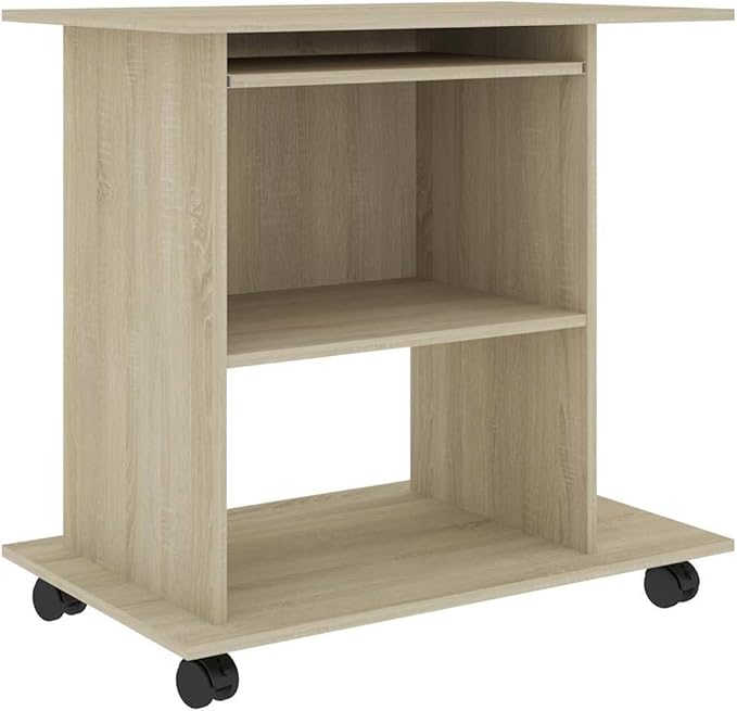 vidaXL Compact Computer Desk-Engineered Wood Sonoma Oak Mobile Workstation with Shelves and Sliding Keyboard Section Modern Style Home-Office Desktop Table.