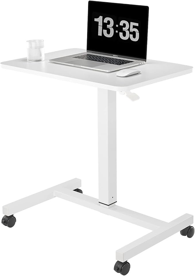 CLATINA Mobile Laptop Standing Desk Pneumatic Stand Table Rolling Adjustable Height Overbed Bedside Table with Lockable Wheels for Home Hospital Office Computer Workstation 28 x 19 Round Edge White