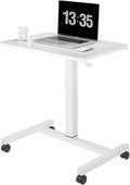 CLATINA Mobile Laptop Standing Desk Pneumatic Stand Table Rolling Adjustable Height Overbed Bedside Table with Lockable Wheels for Home Hospital Office Computer Workstation 28 x 19 Round Edge White
