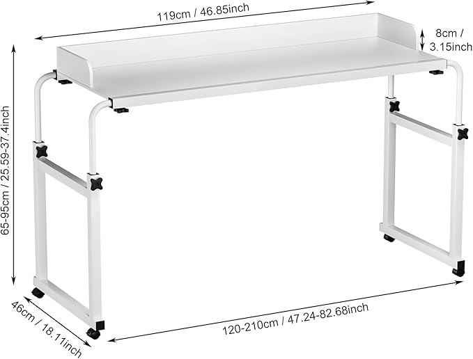 Adjustable Height Overbed Table Rolling Overbed Bedside Desk with Raised Baffle and Spacious Desktop Over BedTable with Wheels for Home Office Bedroom Hospital Use (White)