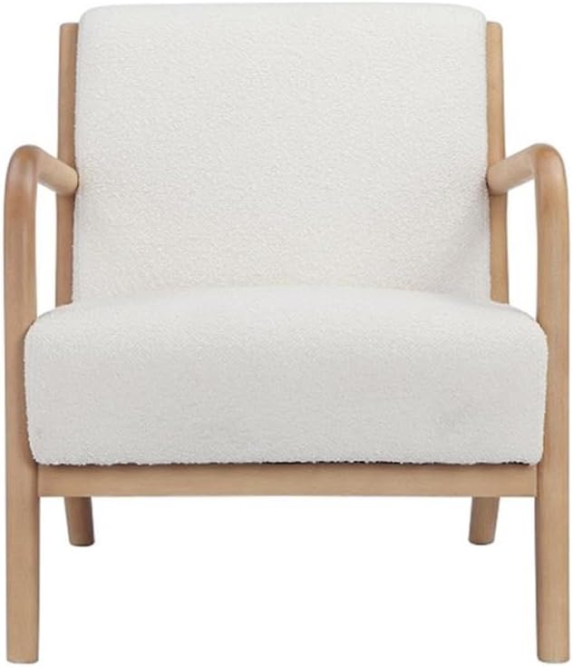 Pemberly Row Contemporary Lounge Chair White Boucle Fabric Wood Veneer Frame Modern Accent Armchair Fully Assembled Living Room Seating or Bedroom Lounge Chair
