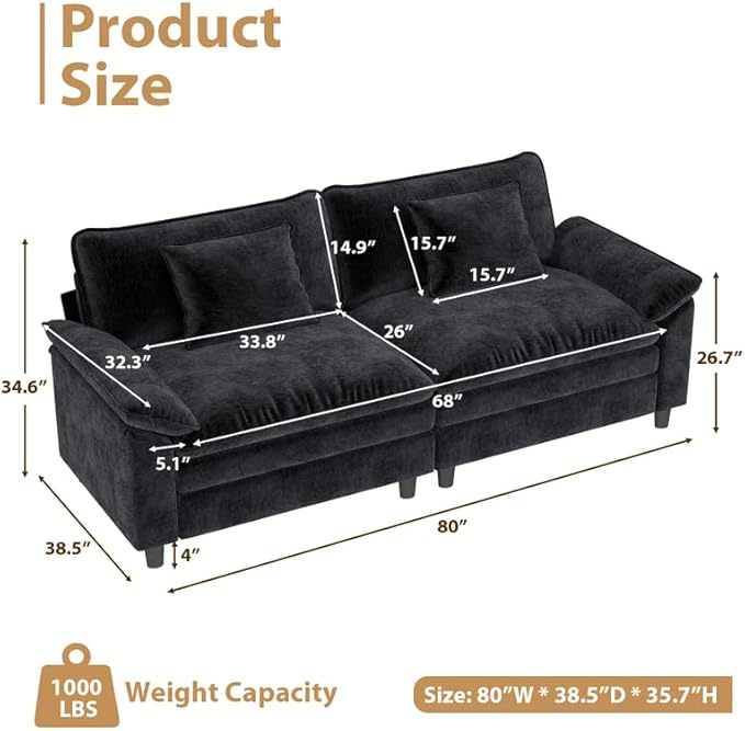 80 Sectional Sofa Chenille Fabric with Pillows and Cushion2 seat Loveseat Modern Sofa Couch for Living Room BedroomBlack