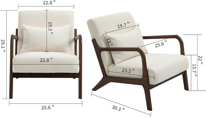 Mid Century Modern Accent Chair with Wood Frame Upholstered Living Room Chairs with Waist Cushion Reading Armchair for Bedroom Sunroom (White + Velvet + Cotton-1)