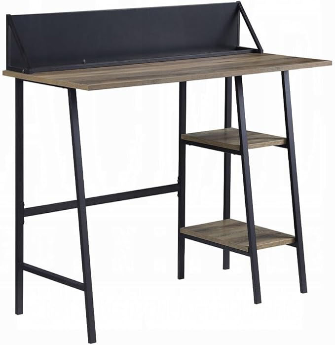 Rustic Oak and Black 2-Shelf Computer Writing Work Study Desk with H-Shaped Base for Study and Home Office