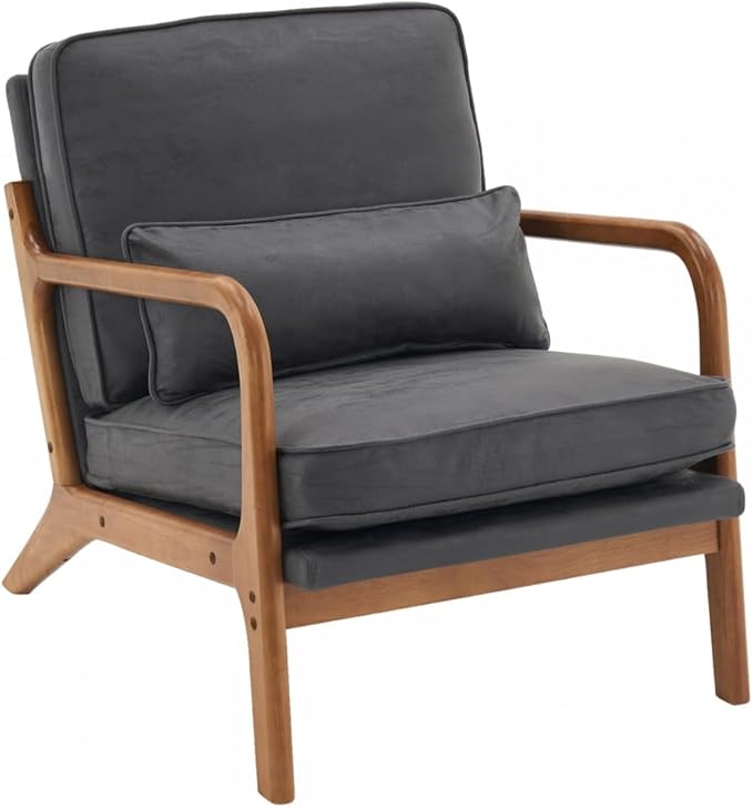 Accent Chair with Lumbar PillowUpholstered Armchair with Solid Wood FrameLinen Fabric Reading Chair with Oak ArmrestLounge Chair for Living Room Bedroom Apartment