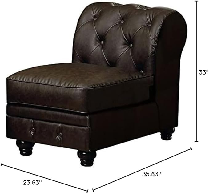 Bowery Hill Armless Accent Chair 23.63W x 35.63D x 33H Faux Leather Upholstery Brown Finish Foam Cushions Button-Tufted Design Espresso Wood Feet Contemporary Style for Living Room Seating
