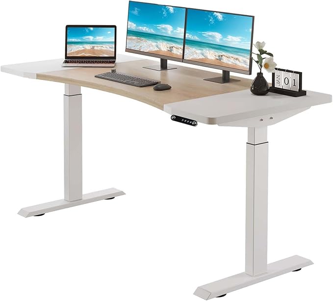 63 Curve Electric Standing Desk Adjustable Height White Seated Stand up Computer Desks for Work Office Home Ergonomic Lift-up Gaming Tables with Wheels &amp Splice Board &amp USB (Oak white/63/HL