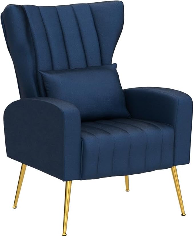 Velvet Accent Arm Chairs with Wingback &amp Lumbar Pillow Modern Armchair for Living Room Bedroom Guest Reception Side Chair for Office Gold Finish Navy Blue