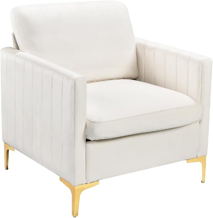 Velvet Accent Chair Modern Accent Chair with Gold Metal Legs Upholstered Reading Armchair Small Sofa Chair for Living Room Bedroom Office (Beige)