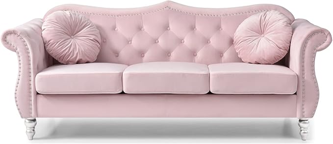 Maykoosh Velvet Sectional Sofa Tufted Living Room Couch Ruched Arm Style - 82 Wide Pink