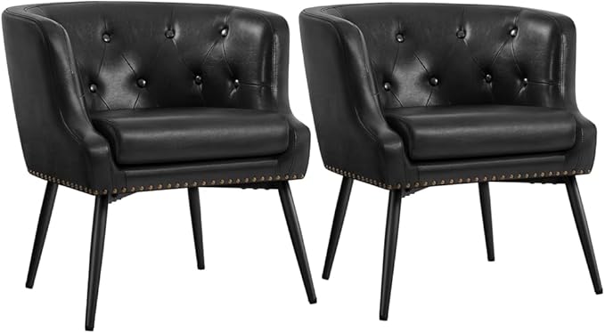 Yaheetech Modern Accent Chair Faux Leather Retro Armchair Upholstered Barrel Chair with Metal Leg and Comfy Seat Cushion for Living Room Bedroom Black Set of 2