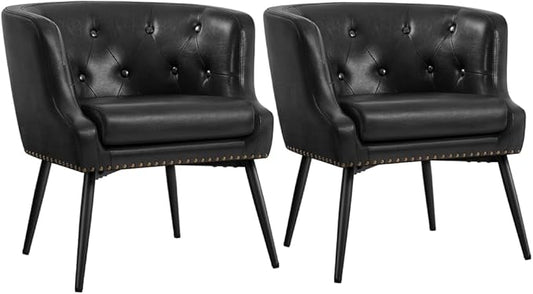 Yaheetech Modern Accent Chair Faux Leather Retro Armchair Upholstered Barrel Chair with Metal Leg and Comfy Seat Cushion for Living Room Bedroom Black Set of 2