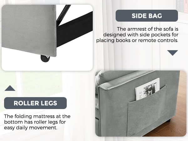 KEIKI 51.2 3-in-1 Convertible Sofa Bed Folding Pull-Out Sleeper Couch with Side Pockets Velvet Fabric Roller Legs Modern Living Room Sofa Light Gray