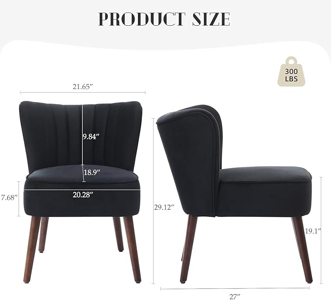 Modern Soft Accent Chair for Living Room - Armless Mid-Century Lounge Seating - Plain Wood Legs 300lb Capacity Comfortable Upholstery - Stylish Furniture for Bedroom Office or Vanity Black