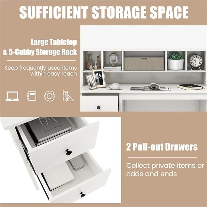 LDAILY Modern Home Office Desk with Hutch Office Desk with USB Charging Ports and Power Outlets Computer Desk with 5 Storage Cubbies and 2 Drawers Writing Study Desk for Bedroom (White)
