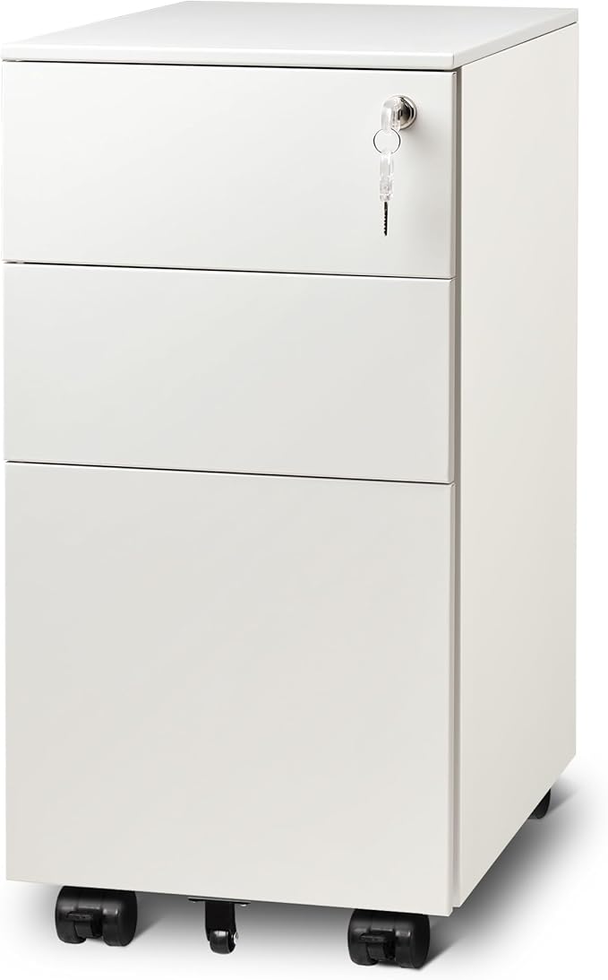 DEVAISE 3 Drawer Vertical File Cabinet with Lock Under Desk Mobile Metal Filing Cabinet for Home Office Fit Legal/Letter/A4 File Fully Assembled Except Wheels White