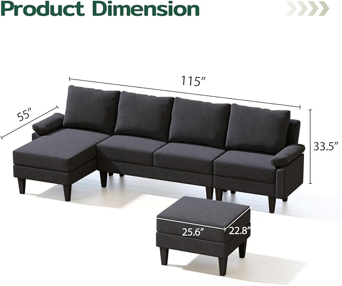115 Inch Modular Sectional Sofa with Storage Ottoman Modern L-Shaped Sectional Couch with Chaise Chenille Couch for Living Room Apartment or Small Spaces Black