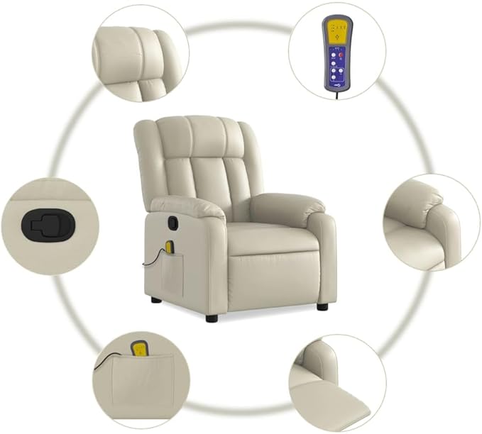 vidaXL Cream Faux Leather Massage Recliner Chair-Ergonomic Manual Reclining Lounge Chair for Elderly-6-point Vibrating Armchair