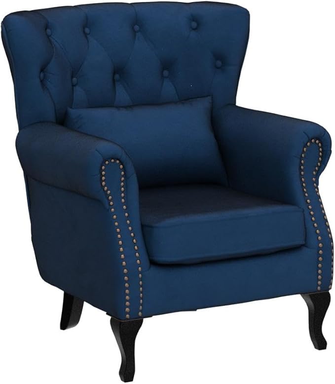 Kmax Velvet Tufted Accent Chair Mid Century Throne Chair Comfy Sofa Chair Padded Seating WingBack Unique Wood Legs Home Club Bedroom Living Room Blue