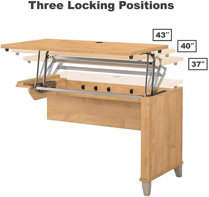 Pemberly Row 72W Sit to Stand L Shaped Desk Maple Cross Finish Adjustable Height 37-43 in Lift-n-Lock System File Drawer Wire Management Ergonomic Office Desk for Workplace or Home Office Use