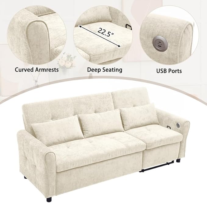 Polibi 2-in-1 Convertible Sofa Bed &amp Recliner - 3-Position Adjustable Backrest (105°-180°) Reversible Design Dual USB Ports 82 Wide Beige