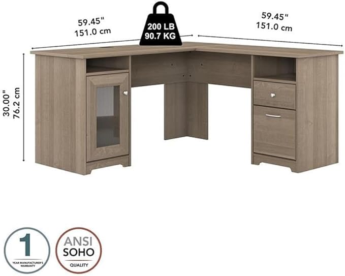 Pemberly Row L Shaped Computer Desk 60W x 59D x 30H Engineered Wood Ash Gray Finish Built-in USB Hub File Cabinet Fluted Glass Door Home Office Corner Desk for Work and Storage