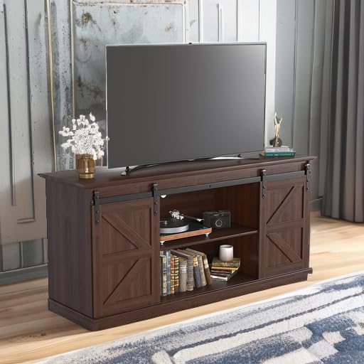 JUMMICO TV Stand for 65 Inch TV Entertainment Center with Storage Cabinets and Sliding Barn Doors Mid Century Modern Media TV Console Table for Living Room Bedroom (Brown)