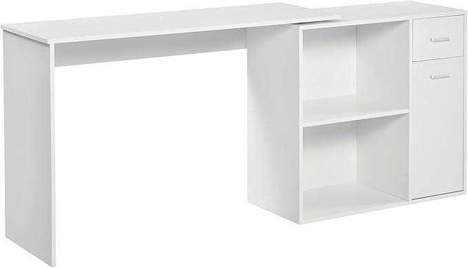 L Shaped Computer Desk 180° Rotating Corner Desk with Storage Shelves Drawer and Cabinet Study Workstation for Home Office White