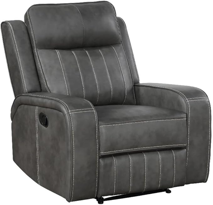 Pemberly Row Modern Faux Leather Upholstered Recliner Chair Manual Wall Hugger Gray 41.25 H x 35.75 W x 40.5 D Foam Padding Pocket Coil Spring Cushion Cozy Seating for Living Room or Home