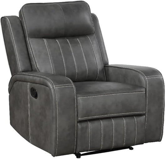 Pemberly Row Modern Faux Leather Upholstered Recliner Chair Manual Wall Hugger Gray 41.25 H x 35.75 W x 40.5 D Foam Padding Pocket Coil Spring Cushion Cozy Seating for Living Room or Home
