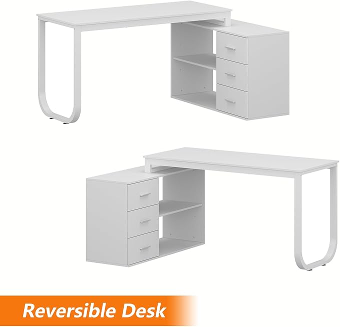 WOODTIME White L Shaped Office Desk with 3 Drawers &amp 2 Shelves 55 Inch Reversible Corner Computer Desk Home Office Executive Writing Sturdy Desk with Metal Legs