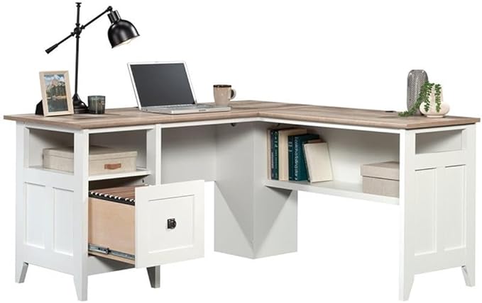 Pemberly Row L-Shaped Engineered Wood Computer Desk Glacier White Finish File Drawer Grommet Holes Cord Management Lower Shelf Modern Farmhouse Home Office Desk