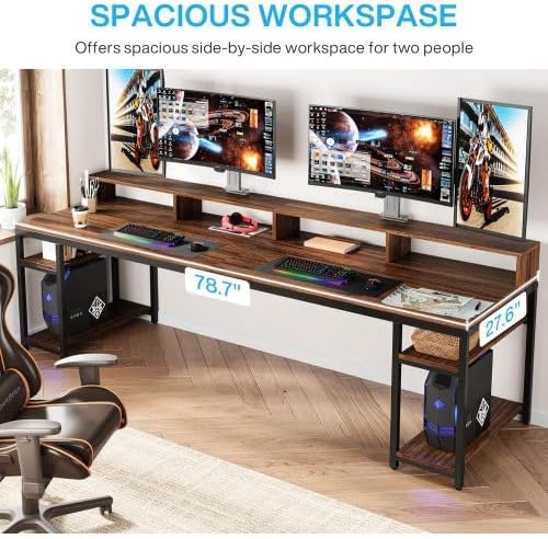 78 Two Person Computer Desk with Drawers Long Double Home Office Desk with with Storage Shelves Large Gaming Study Writing Table Workstation for Office (Brown-Monitor Stand)