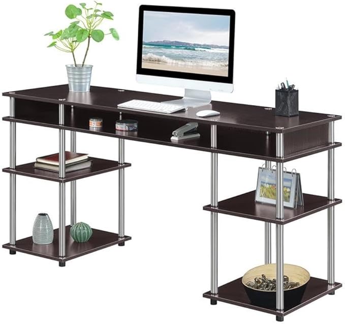 Pemberly Row No-Tools Student Desk 60-Inch with Shelves Espresso Wood Finish Stainless-Steel Poles Durable Particle Board and Melamine Easy Assembly Workspace for Home Office or Dorm Use