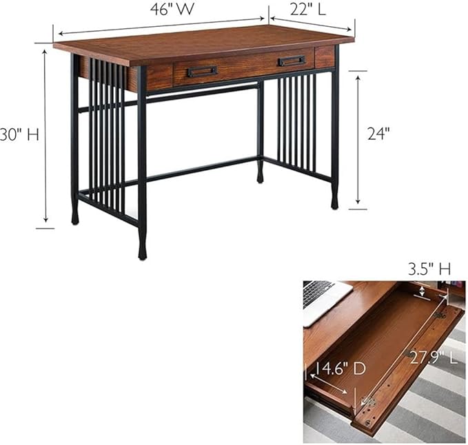 BOWERY HILL Computer Desk 46 in x 22 in x 30 in Mission Oak Finish Hardwood Solids and Oak Veneers Matte Black Steel Base Drop Front Drawer Home Office Writing Desk